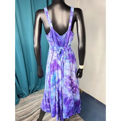 Sapogee Made in India Tie Dye Dress Lace Up Free Size Midi Purple Blue Rayon Size M