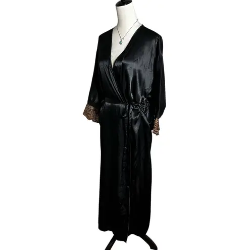 California Dynasty Black Satin Lace Long Kimono Robe L/XL | Boudoir Goth Glam