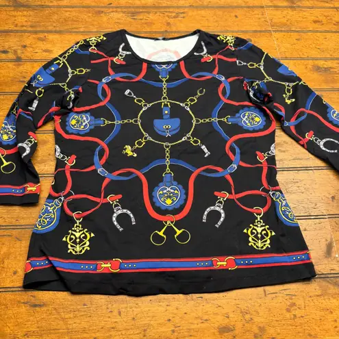 J McLaughlin Equestrian Print Long Sleeve Top Black Red Blue Yellow Size L Size L