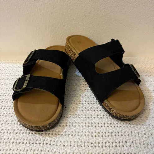 Women’s Sandal Slides– Adjustable Buckle Slippers, Lightweight with Cork Footbed Black Size 8