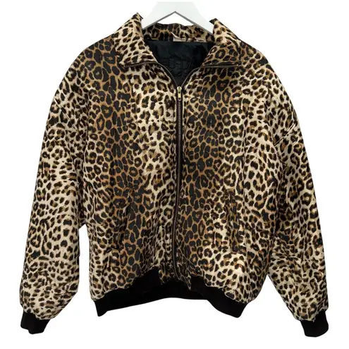 Vintage Fuda International Bomber Jacket Silk Leopard Cheetah Size M Full Zip Brown Size M