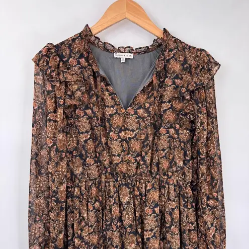 Moon River Tiered Ruffle Maxi Dress Womens Medium Fall Brown Black Metallic Gold