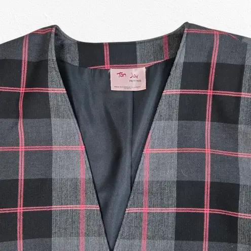 1990s Vintage Charcoal Gray Pink Plaid Boxy Power Suit Blazer Jacket Size 10P