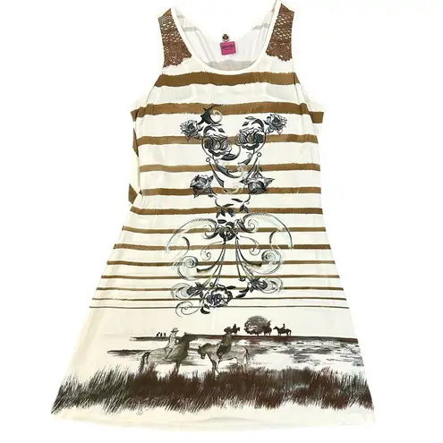 Vintage 90s Y2K Save The Queen Western Horse Punk Bodycon Striped Dress XXL Brown