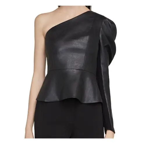 BCBGMAXAZRIA  | Faux Leather One Shoulder Asymmetrical Peplum Puff Sleeve | XXS