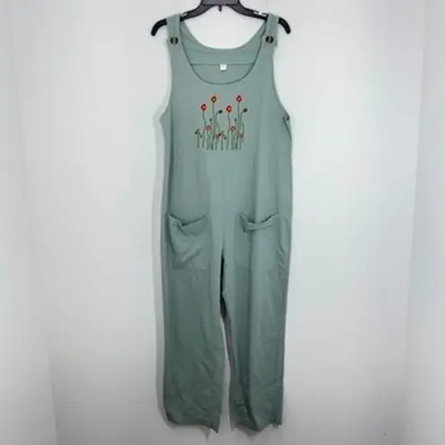 Floral Embroidered Jumpsuit Wide Leg Overalls Romper Sleeveless Casual Gardening Green