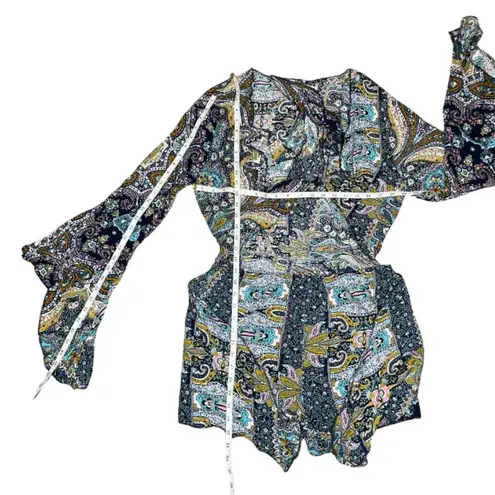 AELSON Women's Boho V Neck Paisley Print Flare Sleeves Romper Concert Sz XL Blue