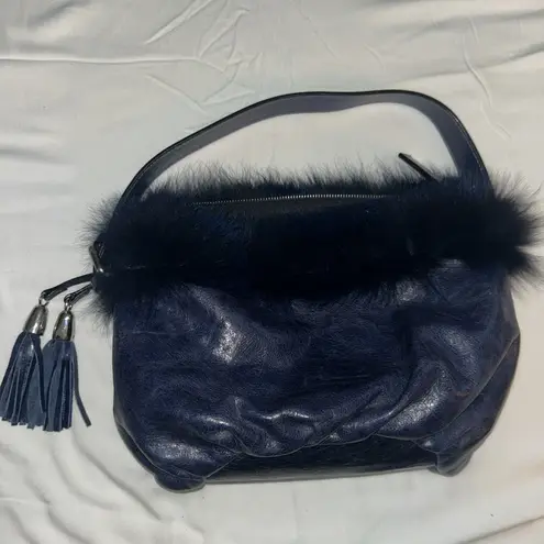 Vintage Castellari Navy Blue Leather & Fur Shoulder Bag, Y2K Dark Blue Italian