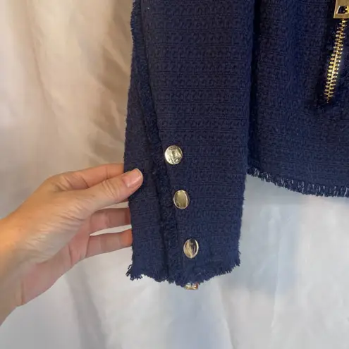 One/Third Tweed Fringed Trim Gold Zip Military Blazer Navy Dressy Size Small Blue