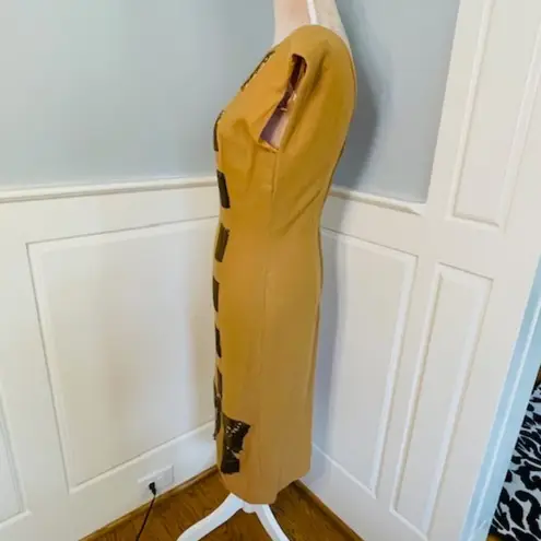 Vintage Lilli Diamond 1960's Beaded Wool Mad Men Wiggle Bow Dress XS Small Tan