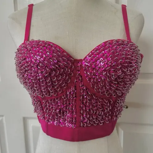 Hot Pink Sequin Beaded Bustier Crop Top Medium 38C