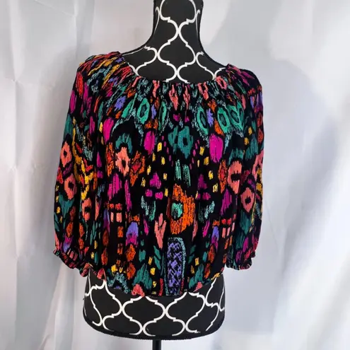 Christian Siriano Bold Colorful Maximal Print Stretchy Neckline Crop Top Size LG Black