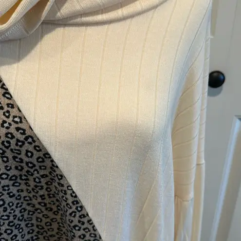 Lovely Melody Cream Leopard Print Mixed Media Cowlneck Sweater Top NWOT Tan Size L