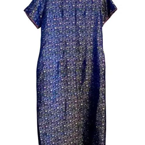 Qipao Cheongsam Zansae Silk Embroidered Floral Navy Dress midi dress Blue Size L