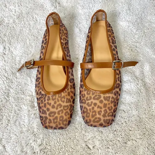 NEW Mary Jane Square Toe Mesh Tan Brown Leopard Ballerina Shoes US 7.5