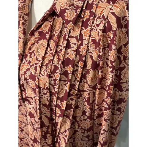 kim rogers Red/Orange Floral Print 1/4 Button Collared Blouse, Pleated Front, XL