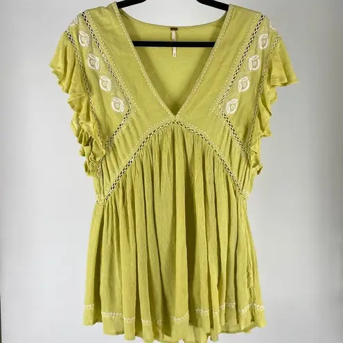 Free People Chic Bohemian Style  Blouse - Soft Yellow with Embroidery