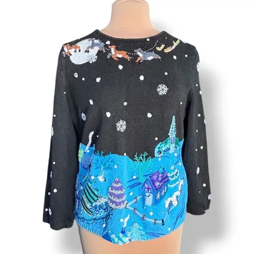 Vintage Michael Simon Event XL Holiday Village Sweater Black Blue Bead Applique