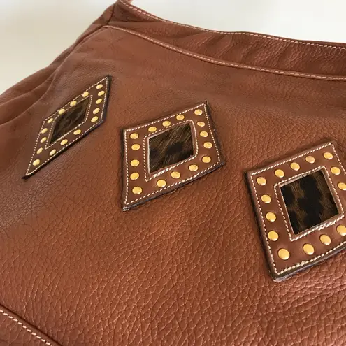 Vintage Leather Animal Print Studded Crossbody Purse Brown