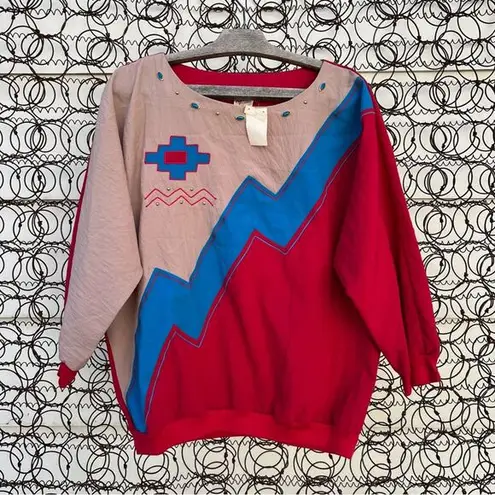Vintage 80s Aztec southwestern colorblock embroidered windbreaker batwing blouse Red Size M