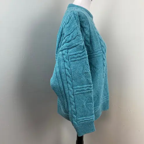 Vintage 80s Teal Irish Aran Sweater 100% Wool Large Blue