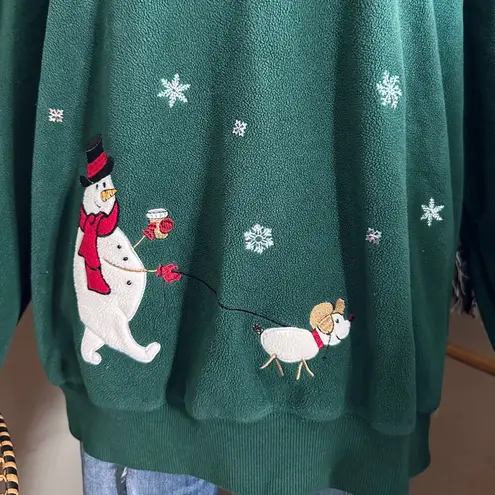 Vintage Alfred Dunner Christmas Frosty the Snowman & Dog Fleece Pullover Sweater Green Size XL