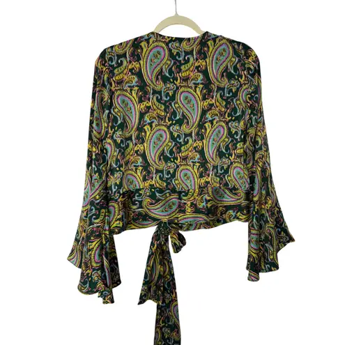 Wendy Hil 100% Silk Paisley Tie Front Boho Disco Glam Bell Sleeve Top L Green Size L