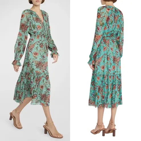 Ulla Johnson Audette Tiered Floral Silk Chiffon Dress Aqua Multi Size 6