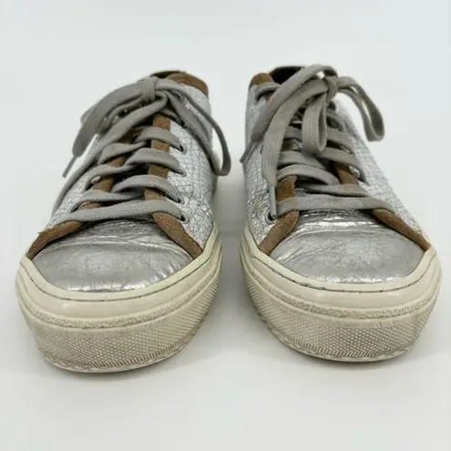 P448 Sally Low Top Sneakers Size 7 Reptile Print White Tan Metallic