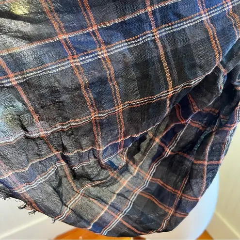 Plaid Scarf Blue Orange White Fringe Lightweight Fashion Accessory Chic