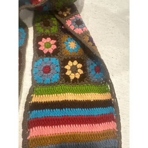 Lucky Brand Lucky Y2K Brand Crochet Granny Square Scarf Brown Multi Color Floral Tassels