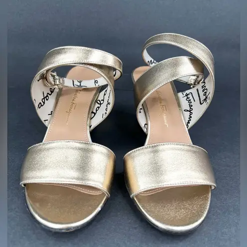 Salvatore Ferragamo SHEENA METALLIC GOLD LEATHER ANKLE STRAP SANDALS SIZE US 6