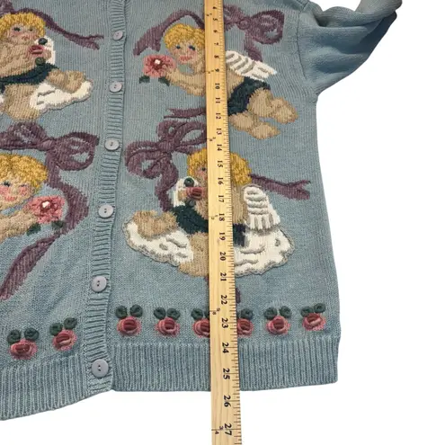 Vintage Northern Isles Hand Embroidered Angels Cardigan Sweater Cottagecore XL Blue