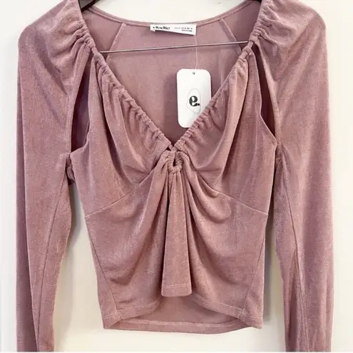 Elodie Mauve Pink Metallic Long Sleeve Cut out Blouse V-Neck Keyhole XL New