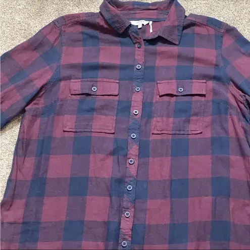 Fat Face Women US L /16 Plaid Flannel Tunic Red Navy Button Down Top Boho Camp Size L