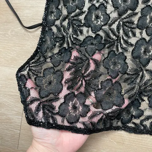 Passport Vintage Y2K Black Floral Sequin Fairy Sheer Open Back Halter Tank Top