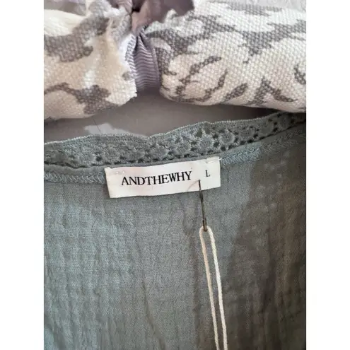 Andthewhy Revolve Lace Detailed Gauzey V Neck Blouse Top Large Sage Green NWT