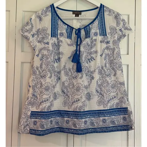 J.Crew Point Sur white and blue tassel the printed blouse small