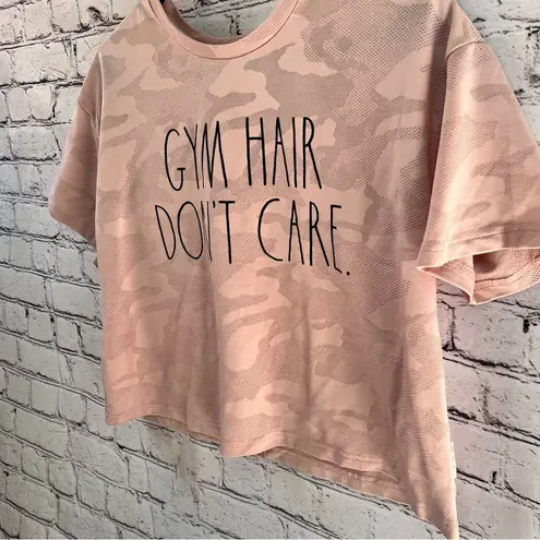 Rae Dunn  Cropped Boxy Active T-Shirt Gym Hair Don’t Care Pink Camo Size Small