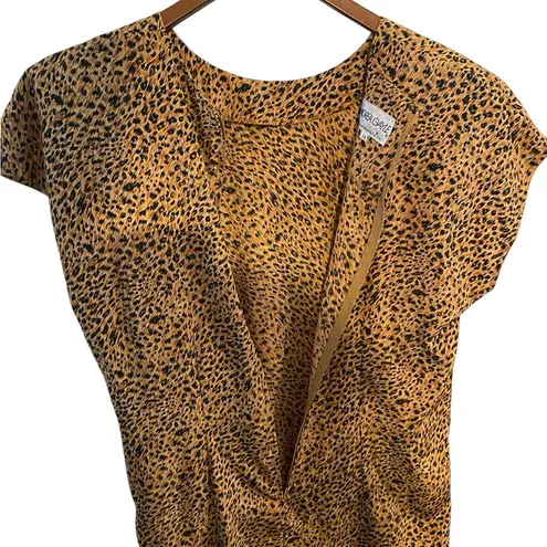 Vintage 80s 90s Leopard Print Midi Dress Shoulder Pads Capped Sleeve Black Size 14