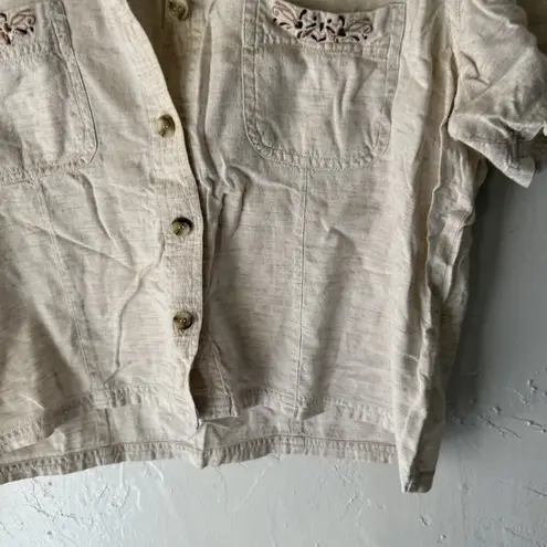 Cottage Button Up Shirt Medium Beige Short Sleeve Embroidered Pockets Casual Top