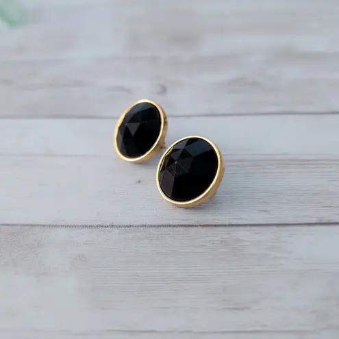 Vintage Clip On Earrings Faceted Black Gem with Gold Tone Halo Just Under 1"