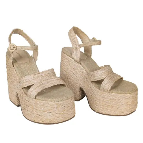LARROUDE Carmen Raffia Platform Heeled Sandal Beige Open Toe Women's 10 Tan
