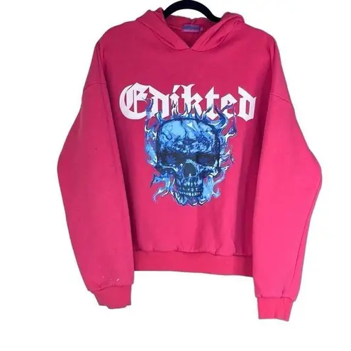 Edikted  Womens Medium Pink Blue Flame Skull Hoodie Sweatshirt