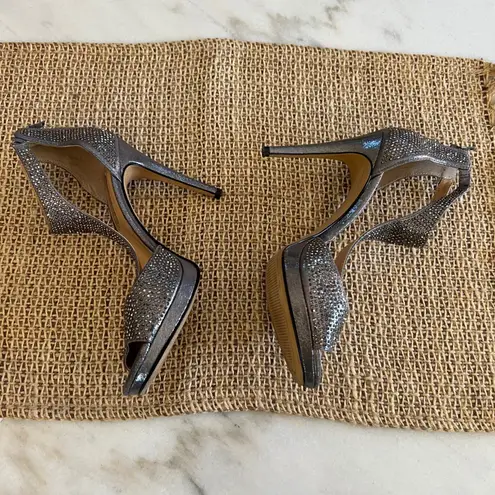 INC International Concepts Silver Rhinestone T Strap Heels Peep Toe Stiletto Size 6