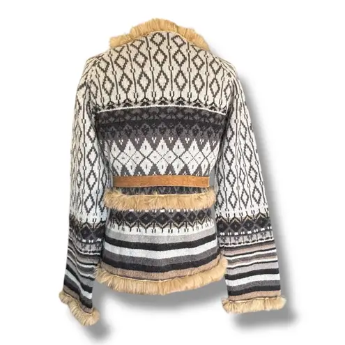 Vintage Y2K Fair Isle Shetland Wool Cardigan Rabbit Fur Trim Belted Scarf Nordic Gray