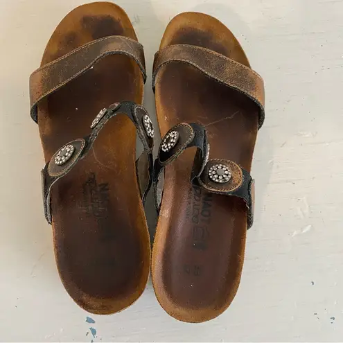 NAOT Marissa Metallic Bronze Strap Rhinestone Wedge Heel Leather Boho Sandal Size 7.5