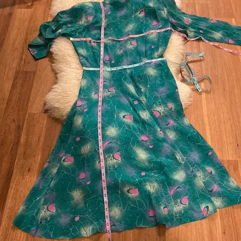 Vintage 1980s Long Sleeve Midi Dress Abstract All Over Print Teal & Pink Sz Lg