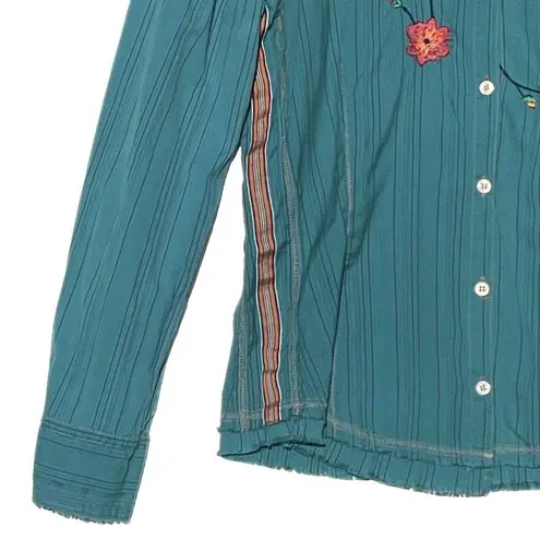 Johnny Was 3J Workshop Peacock and Floral Embroidered Button Down Top medium