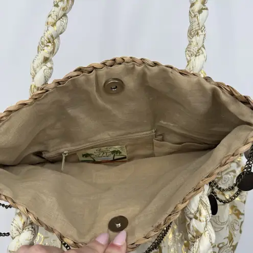 Sun 'N Sand Woven Straw Fabric Gold Metallic Tote Bag Boho Chain Chic Brown